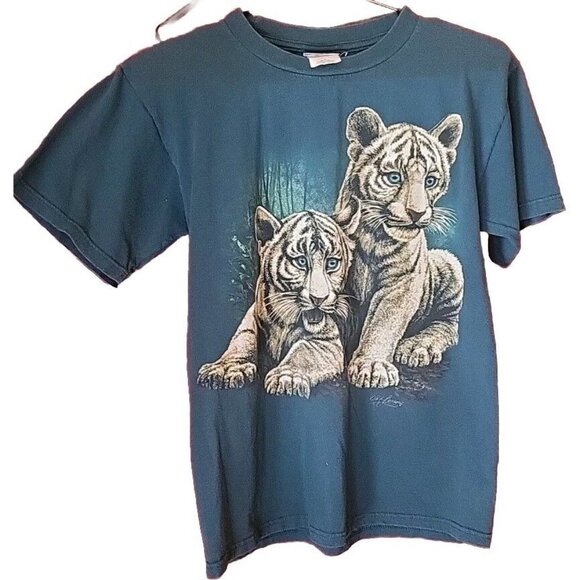 VTG 90s Oneita White Kids Small Tigers Extinction Forever Artist Signed Print. - Picture 1 of 2